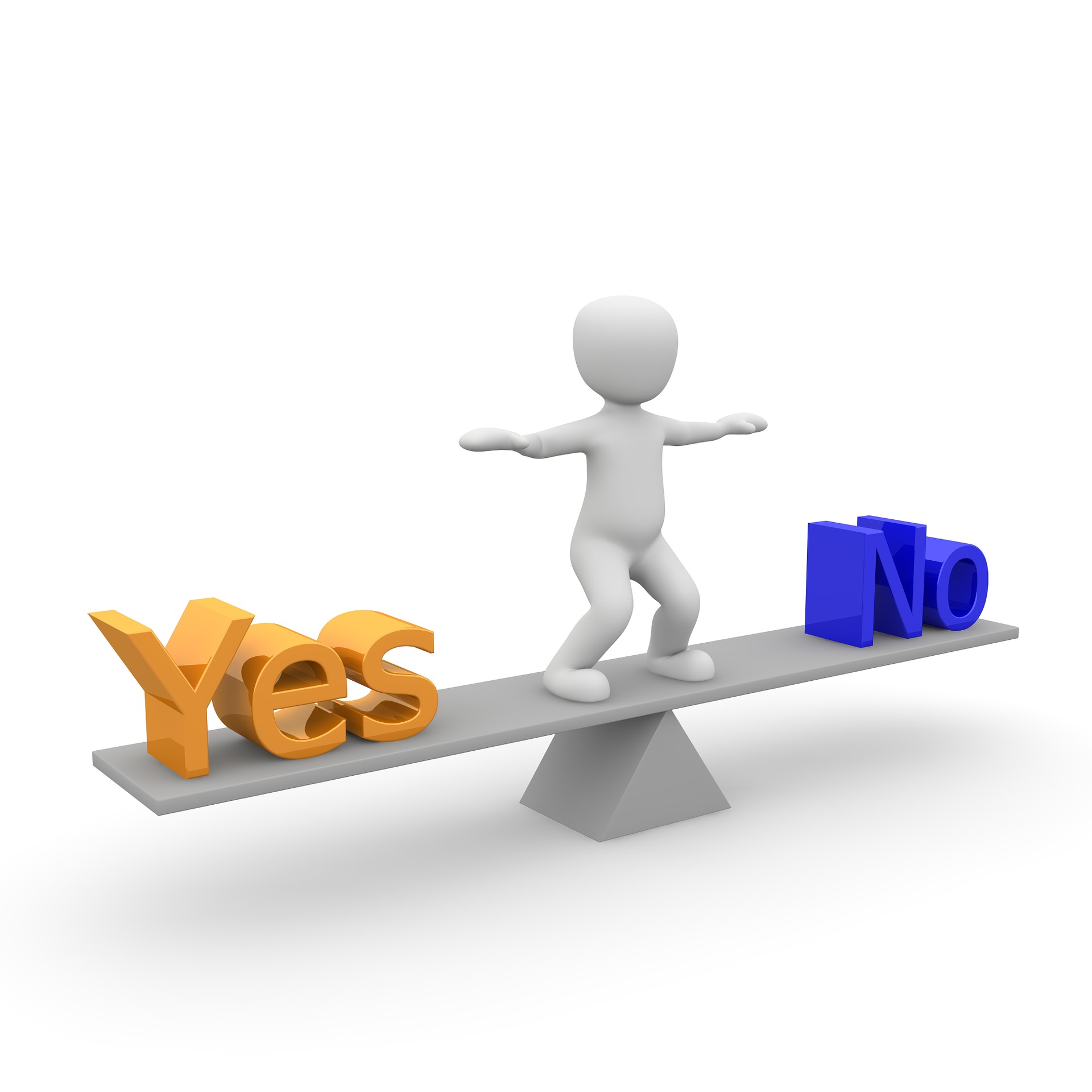 Graphic person standing on a See-saw between yes and no