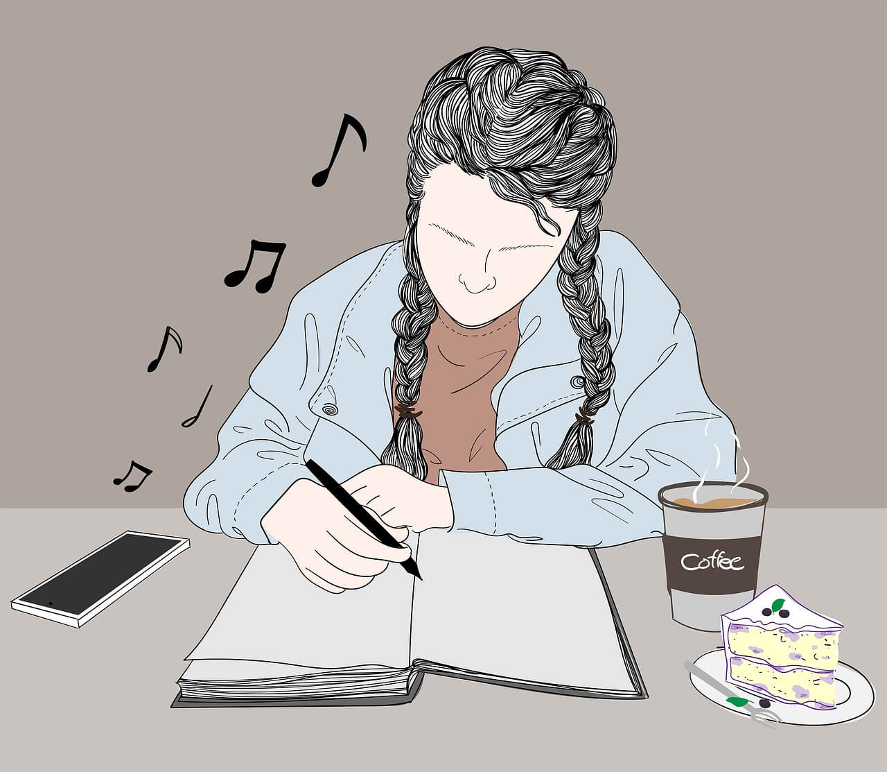 Songwriting Workshop: A drawing of a girl writing and listening to music