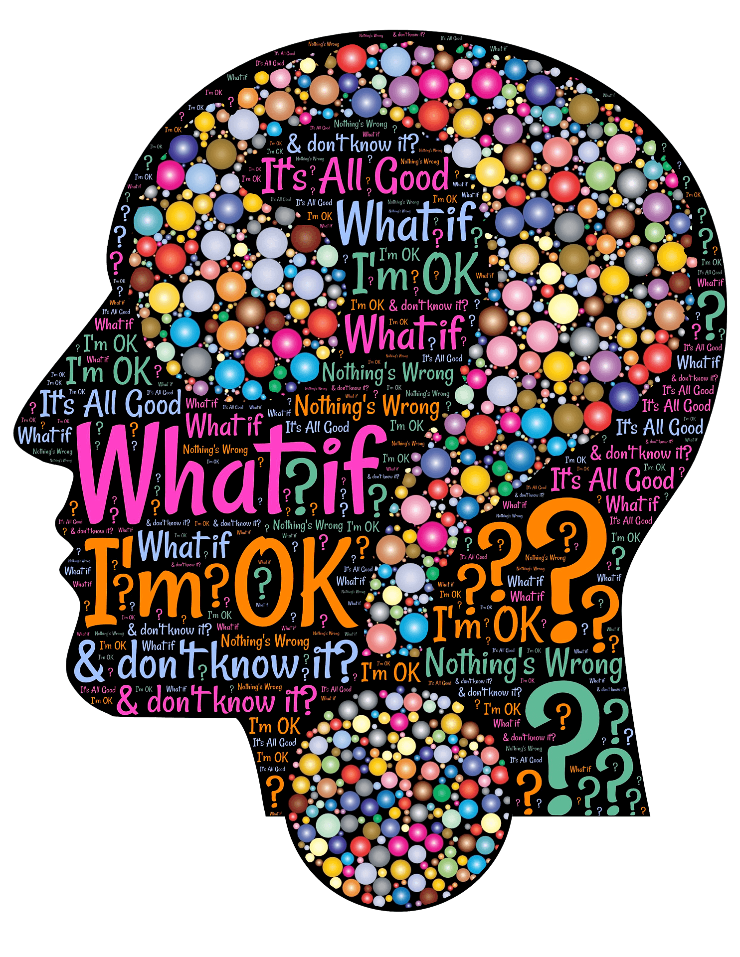 Profile of a head with many questions written inside it.